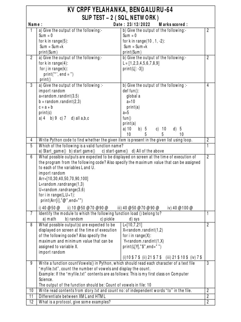 Sql network and python skills assessed in slip test pdf