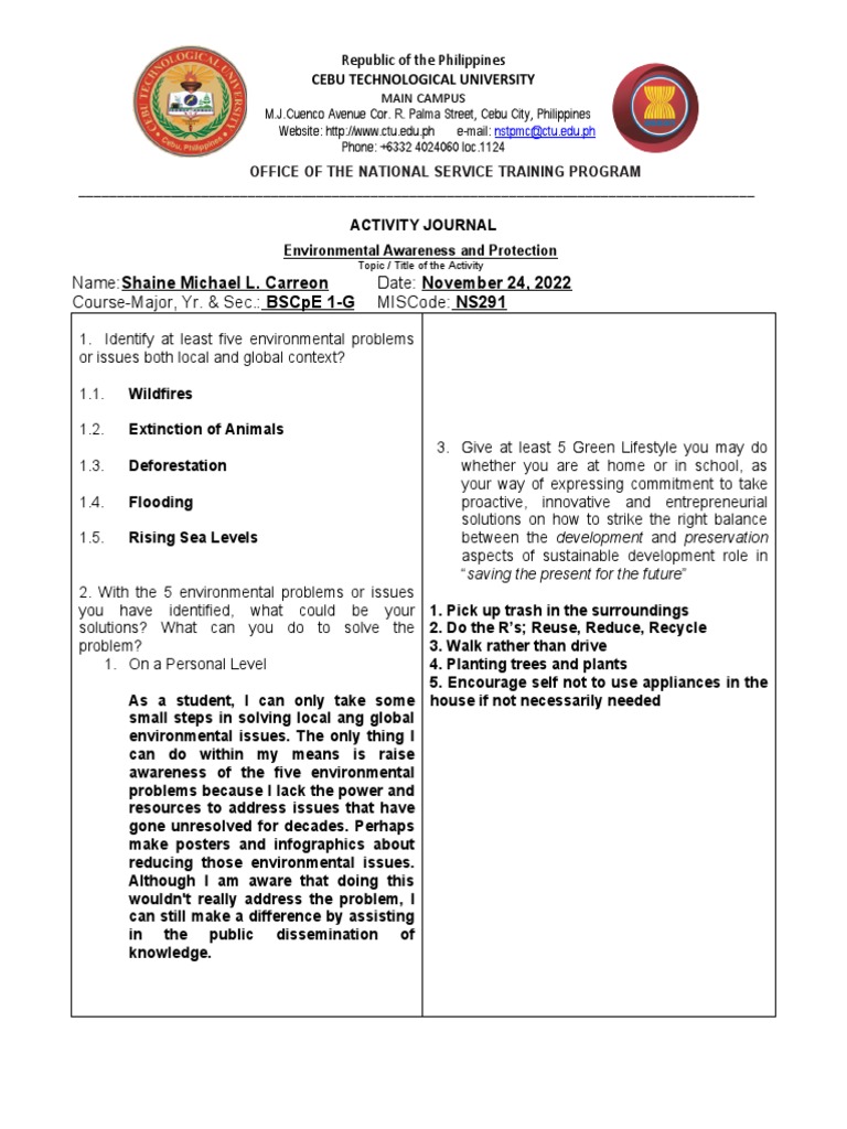 Environmental Awareness Activity Journal Pdf Natural Environment