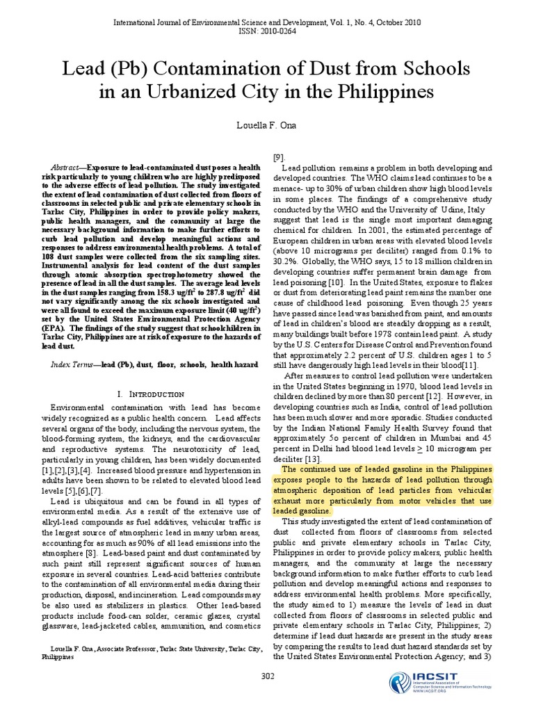 Lead (PB) Contamination of Dust From Schools in An Urbanized City in The Philippines PDF