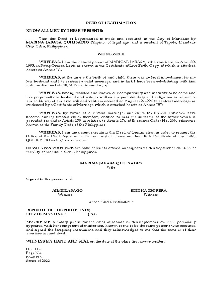 Deed of Legitimation Sept26 PDF Marriage Marriage, Unions And