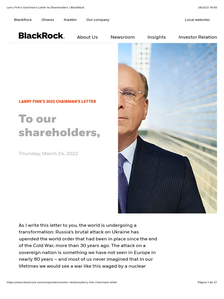 Larry Fink's Chairman's Letter To Shareholders PDF Exchange Traded