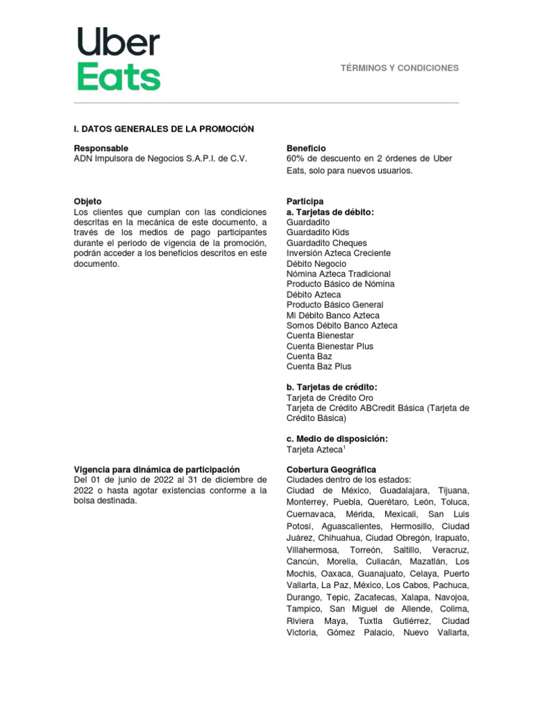 Uber Eats Terminos y Condiciones | PDF | Tarjeta de débito | México