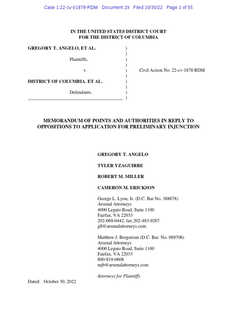 Angelo v. District of Columbia Reply To Opposition To Motion For