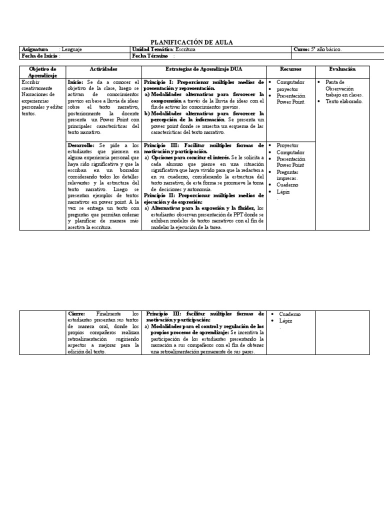 Ejemplo de Planificación DUA en Aula | PDF | Evaluación | Aprendizaje