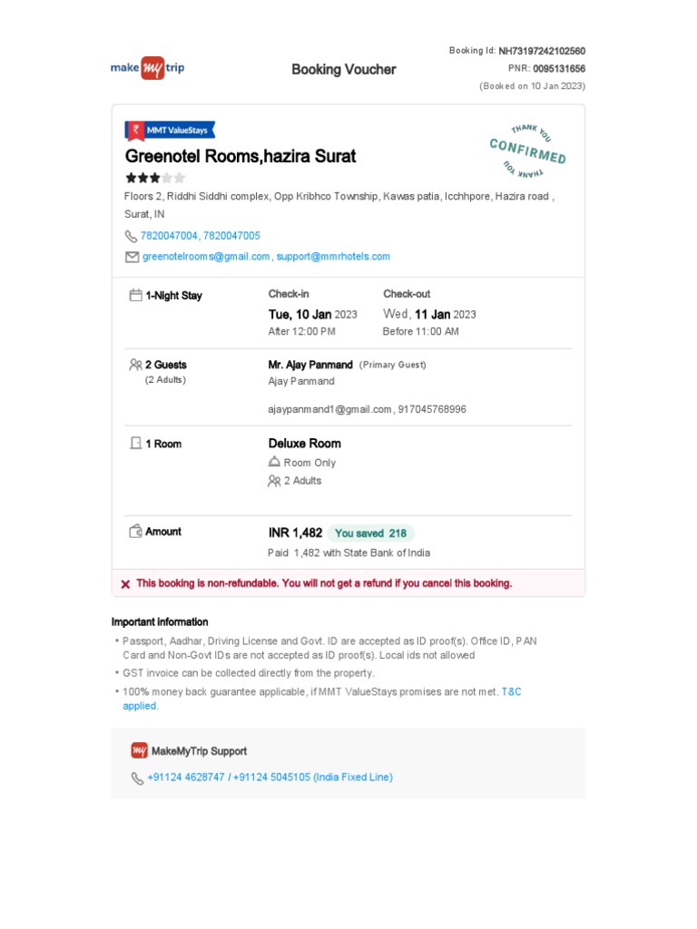 Booking Confirmation for a One Night Stay at Greenotel Rooms in Surat on January 1011, 2023 PDF