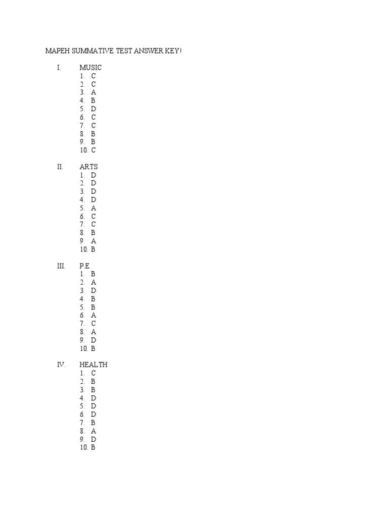 MAPEH Summative Test Answer Key | PDF