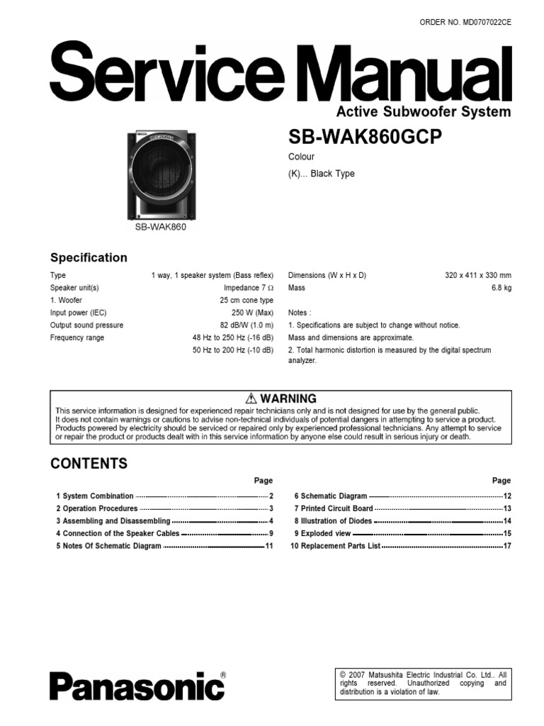 Panasonic SB Wak 860 GCP Service Manual | PDF | Loudspeaker