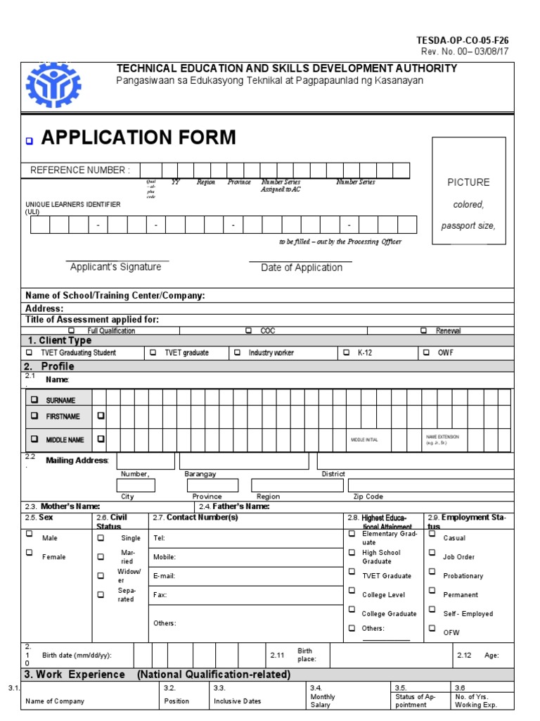 TESDA Assessment Application Form | PDF