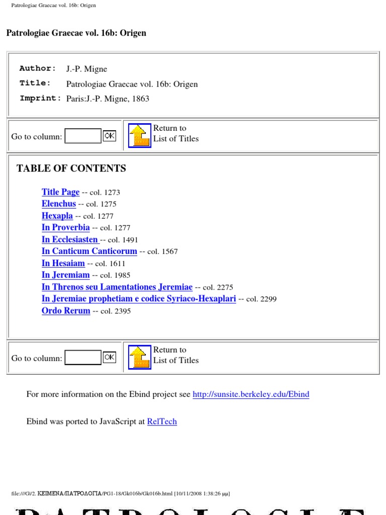 Origen's Works in Patrologiae Graecae 16b | PDF