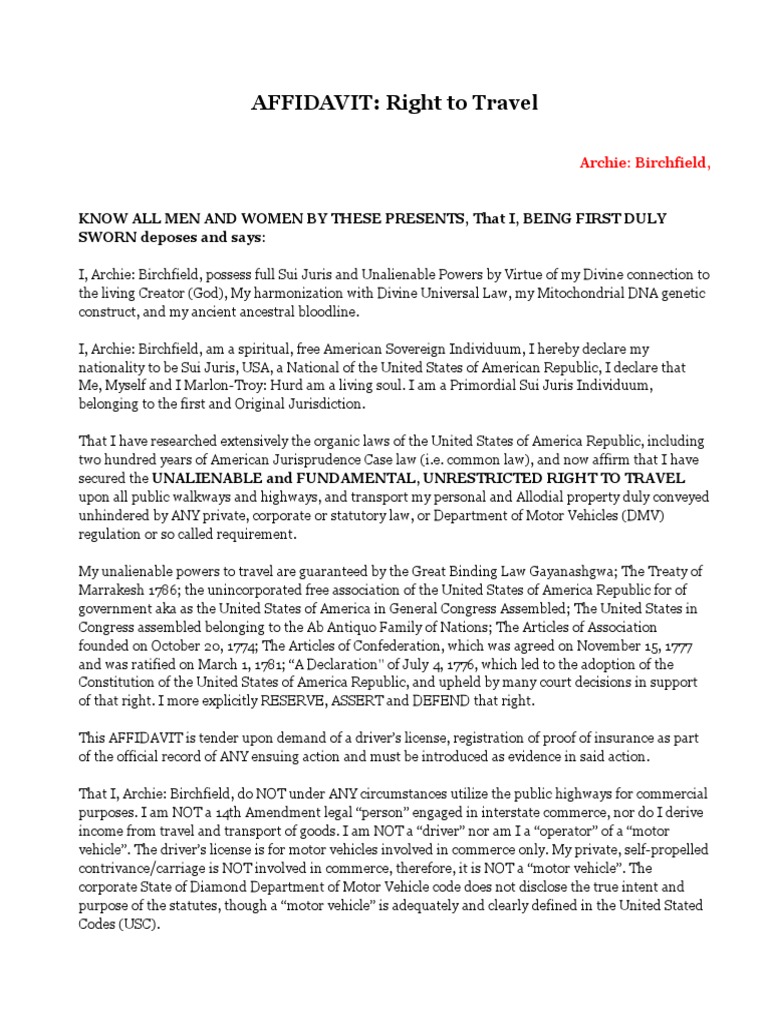 Affidavit Right To Travel PDF Oath Of Office Law Of The United States