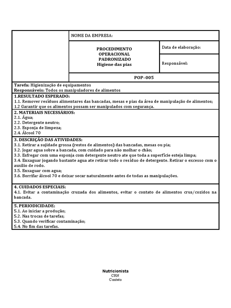 POP 005 - Higienização Das Pias | PDF
