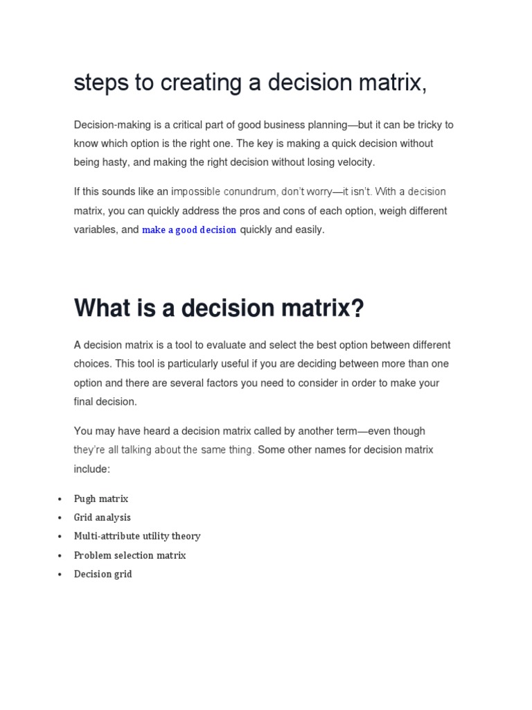 Decision Matrix | PDF | Matrix (Mathematics) | Decision Making