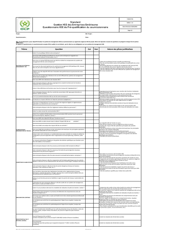 Questionnaire de Pré-qualification HSE | PDF | Audit | Gouvernance