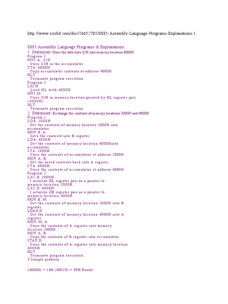 8085 Assembly Language Programs | PDF | Pointer (Computer Programming ...