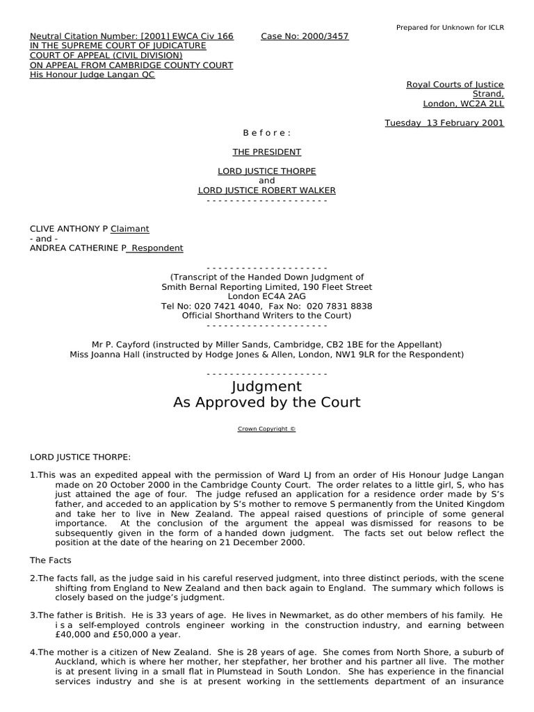 2001 EWCA Civ 166 Payne V Payne PDF European Convention On Human