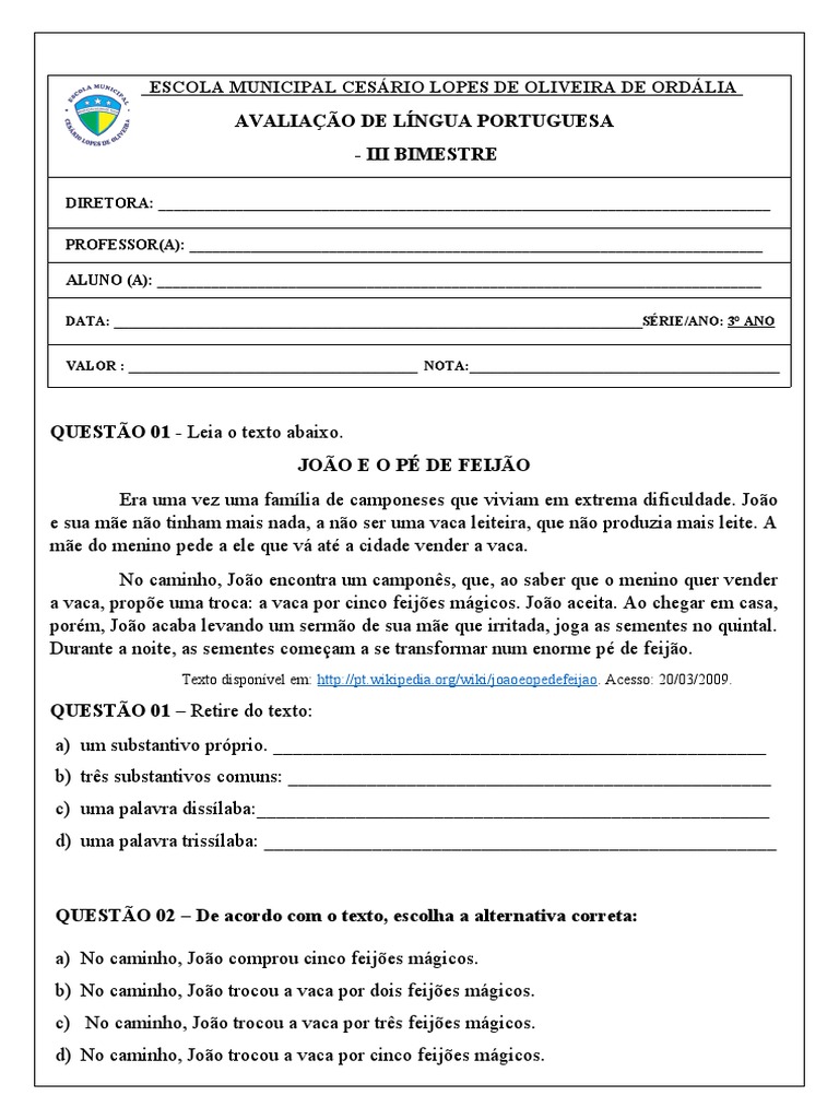 Avaliação de Português - 3º Ano | PDF | Linguística