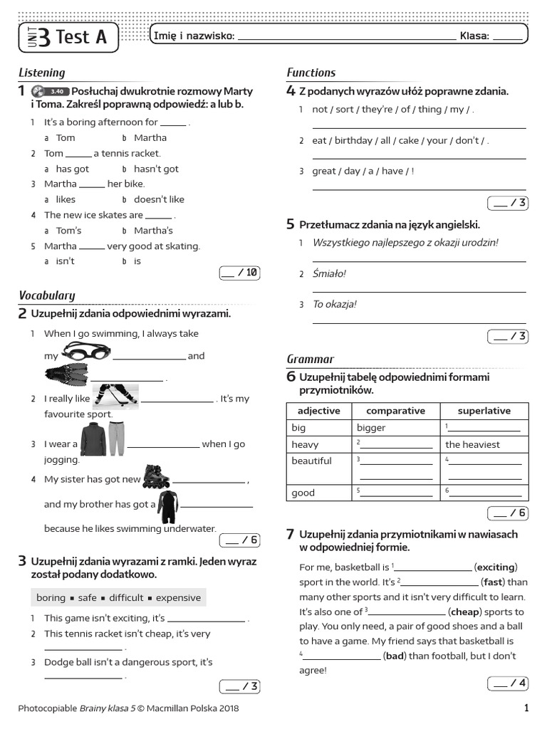 Brainy Klasa 5 Test Unit 2 Brainy 5 Unit Test 3 A | PDF