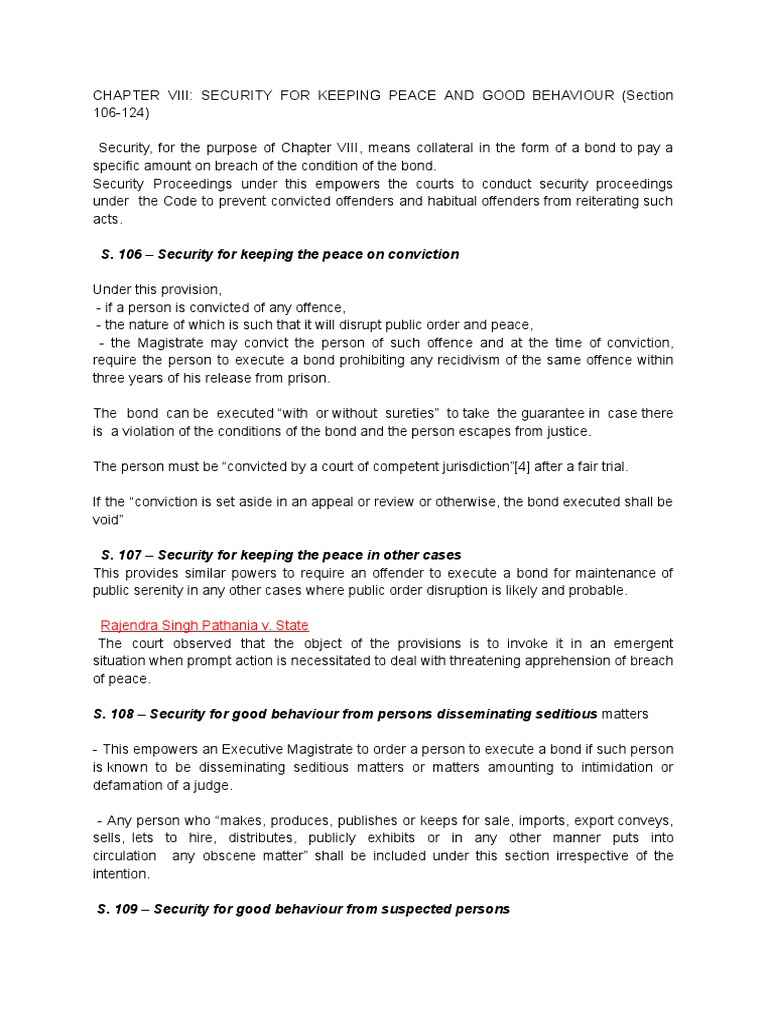 CHAPTER VIII SECURITY FOR KEEPING PEACE AND GOOD BEHAVIOUR (Section 106124) PDF Bail