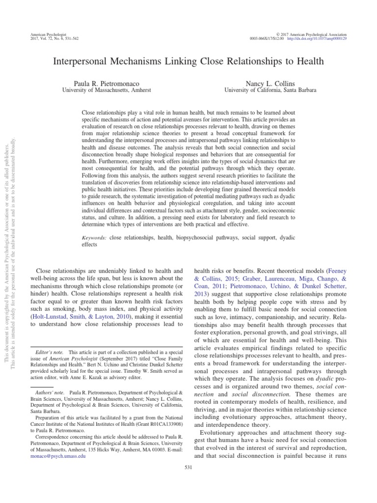 Interpersonal Mechanisms Linking Close Relationships To Health | PDF ...