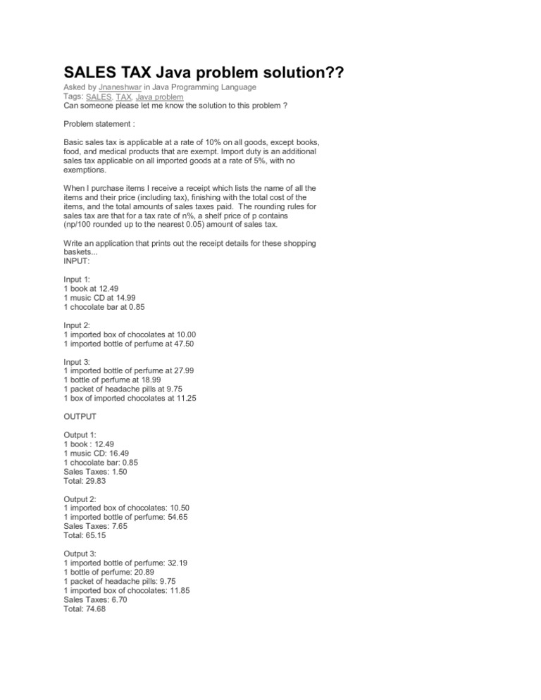 SALES TAX Java Problem Solution - Totwrks | PDF | Sales Taxes In The ...