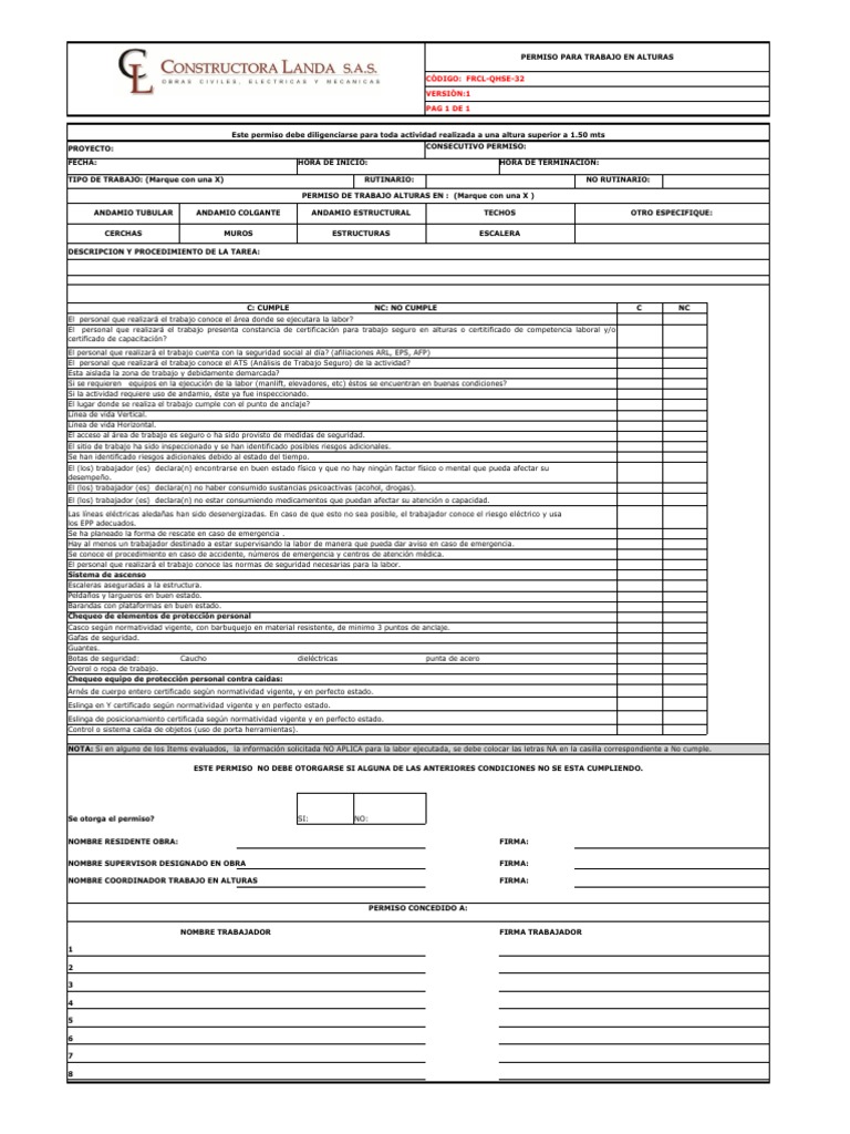 Formato Permiso De Trabajo En Alturas Resolucion 4272