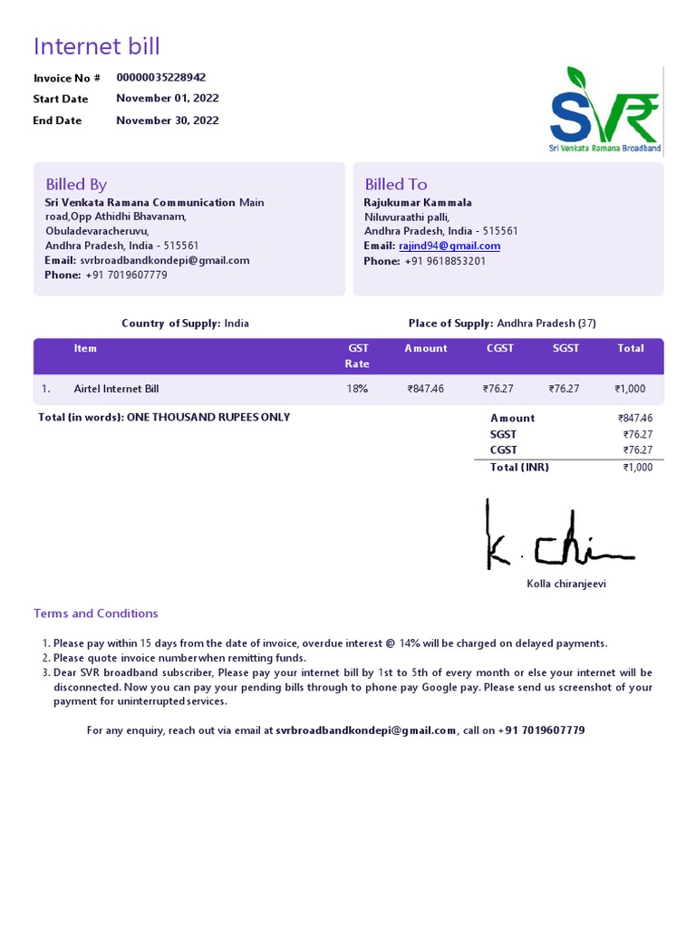 Internet Bill Invoice for SVR Broadband | PDF