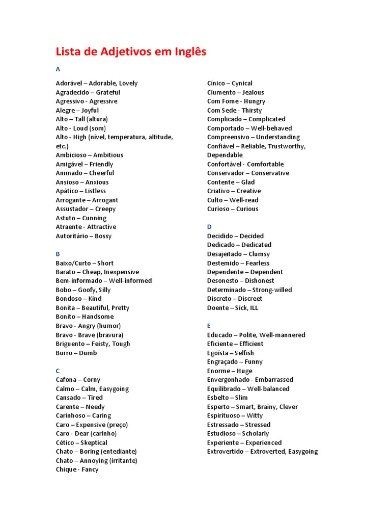 Lista de Adjetivos em Inglês | PDF