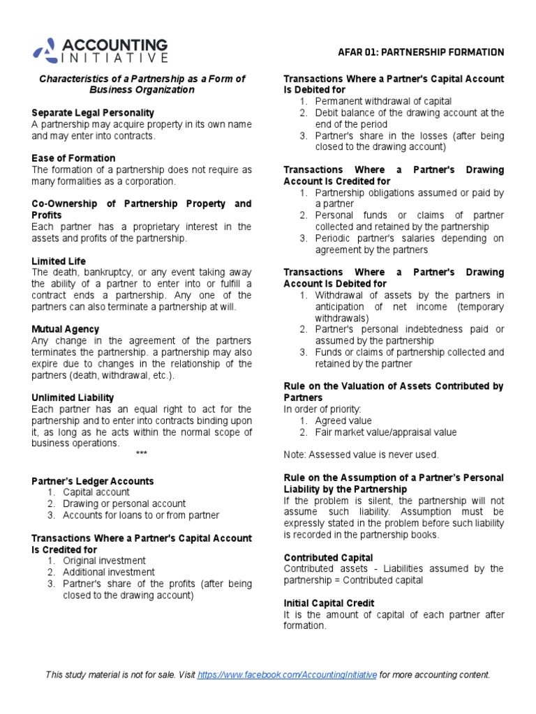 AFAR Partnership Formation Overview | PDF | Partnership | Debits And ...
