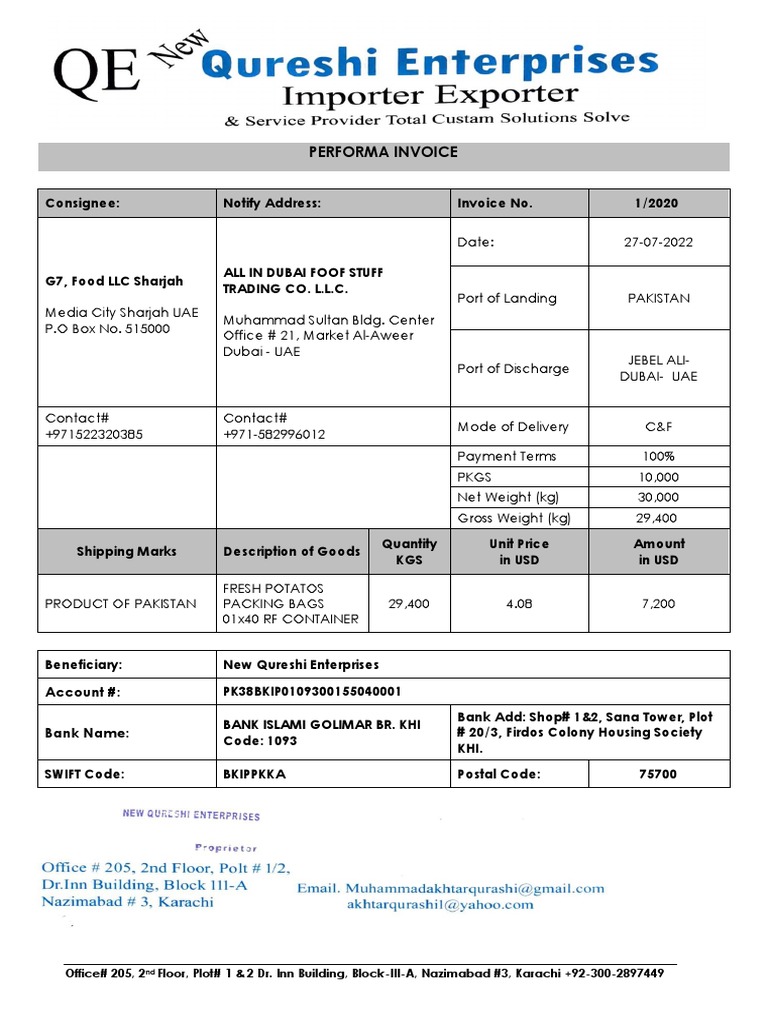 Fresh Potato Invoice for Export | PDF | Trade | Banking