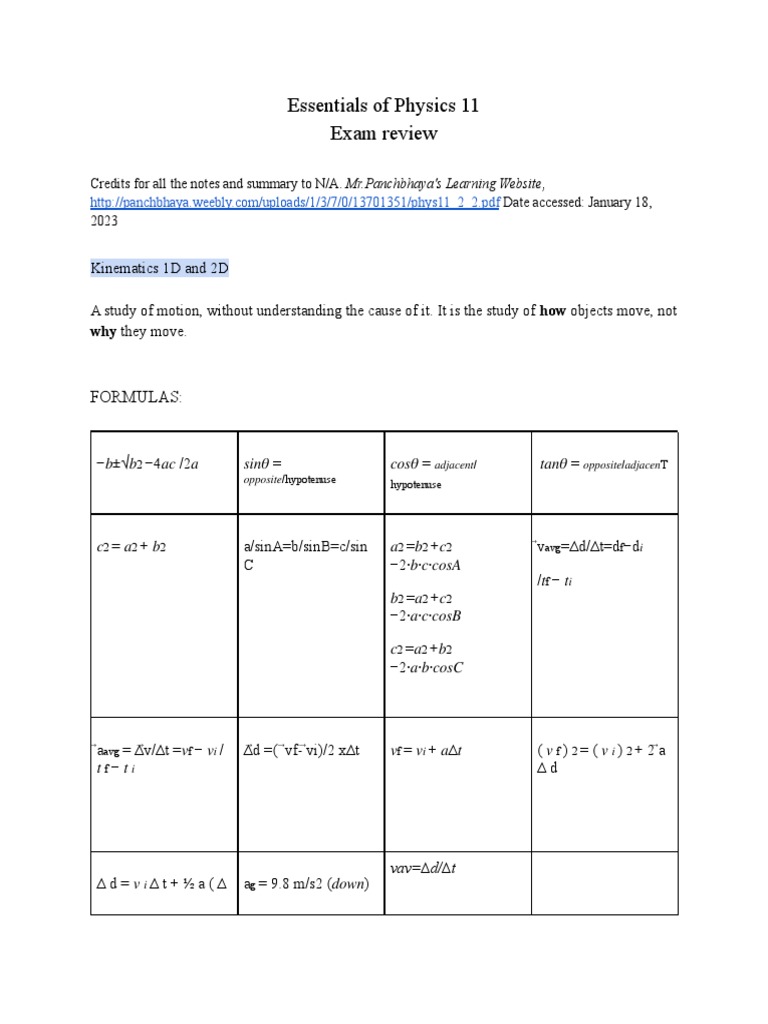 Physics 11 Exam Review Guide | PDF | Velocity | Force