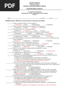1st Quarter Exam On Introduction To The Philosophy of The Human Person FINAL With Answerkey