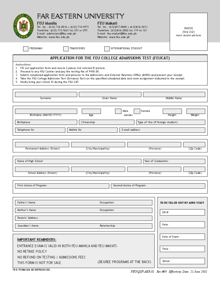 FEU College Admissions Test Application | PDF | Bachelor Of Science ...