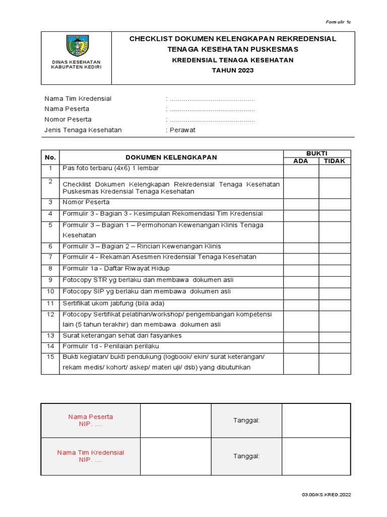 Formulir 1c Checklist Dokumen Kelengkapan Rekredensial Tenaga Kesehatan ...