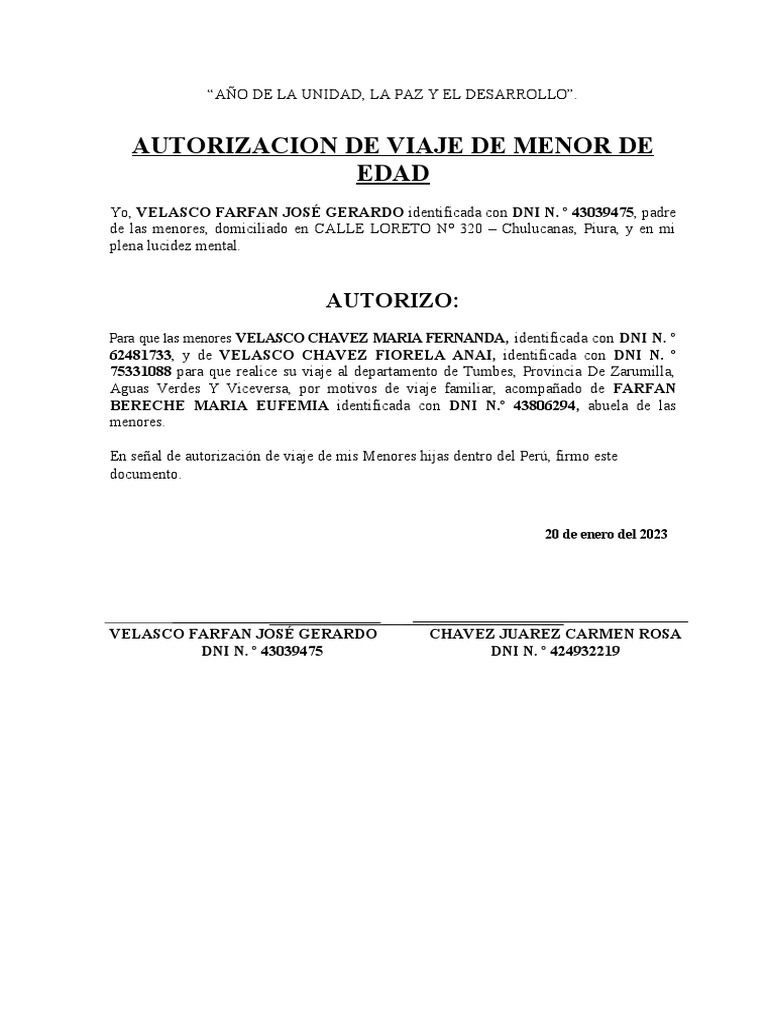 Autorización de Viaje para Menores | PDF