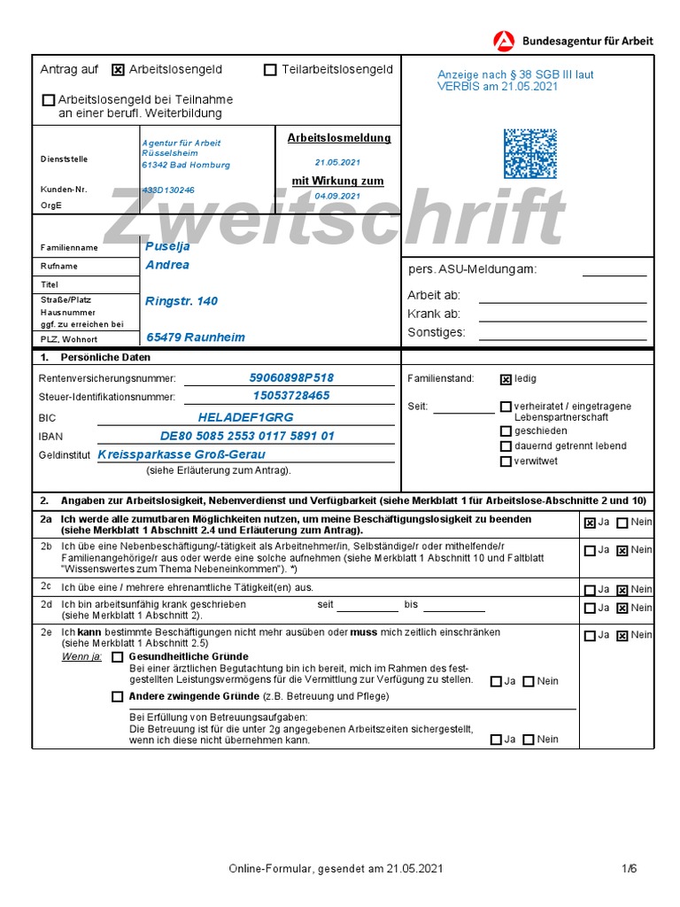 arbeitssuchend melden formular