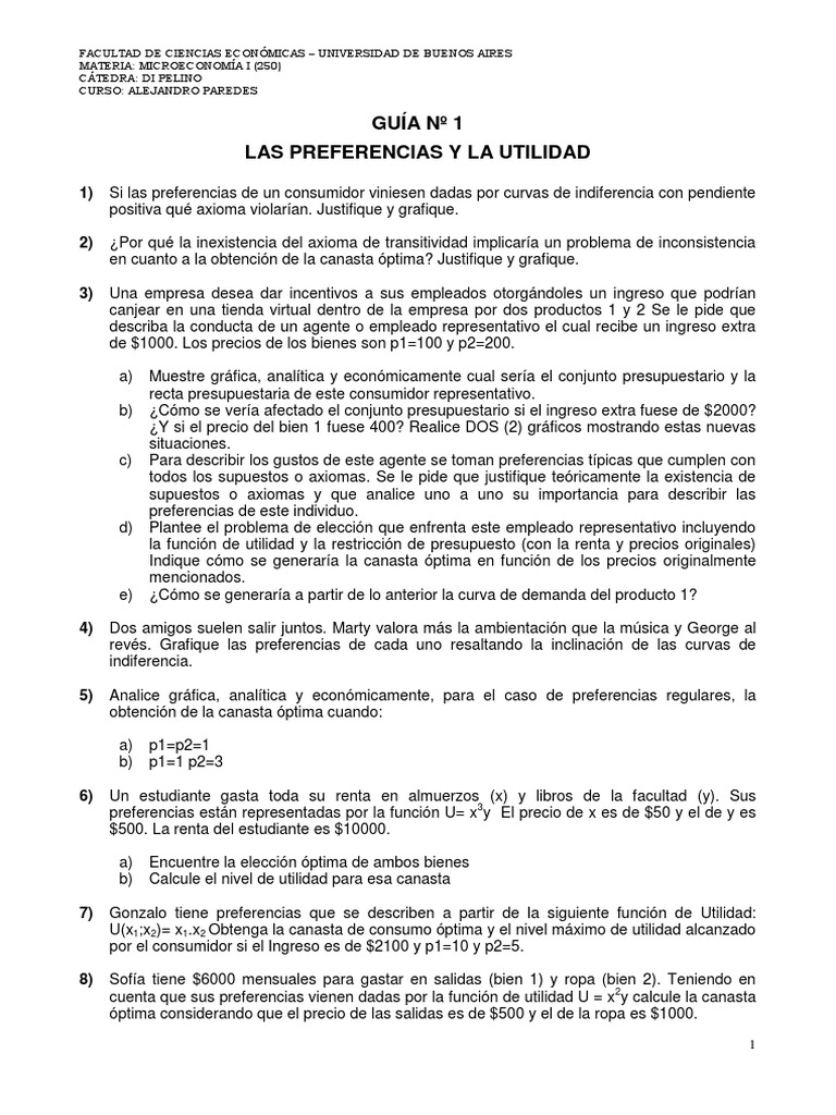 Guía #1 Las Preferencias Y La Utilidad | PDF | Microeconomía | Teorías ...