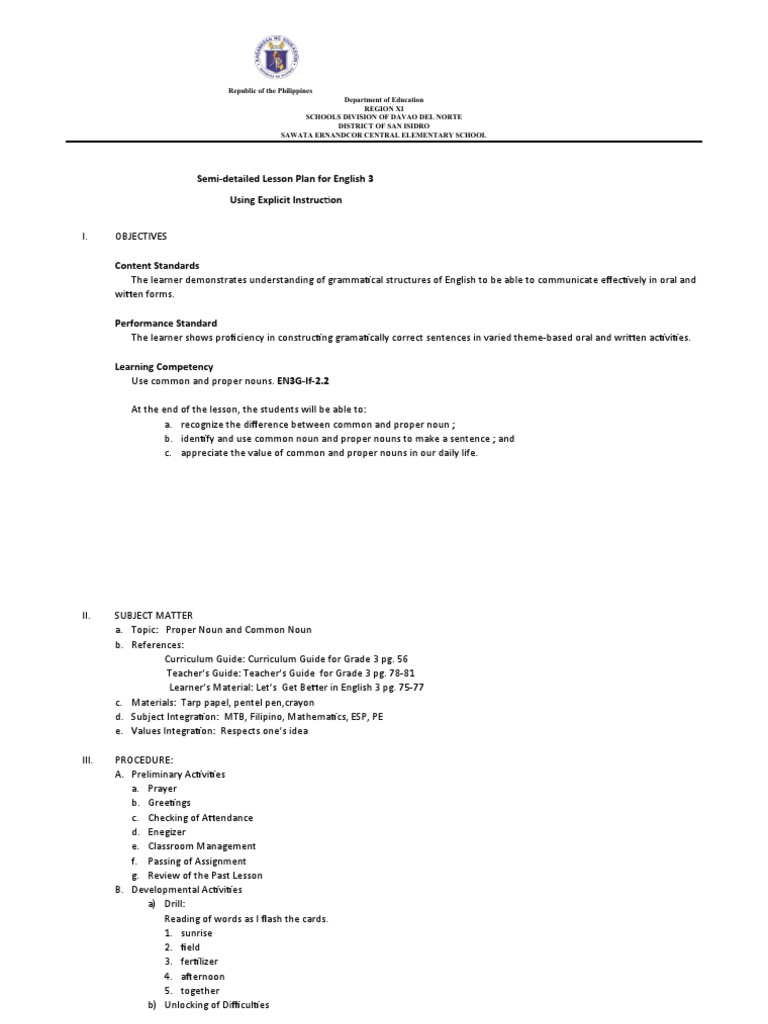 Grade 3 Lesson Plan: Nouns Focus | PDF | Lesson Plan | Curriculum