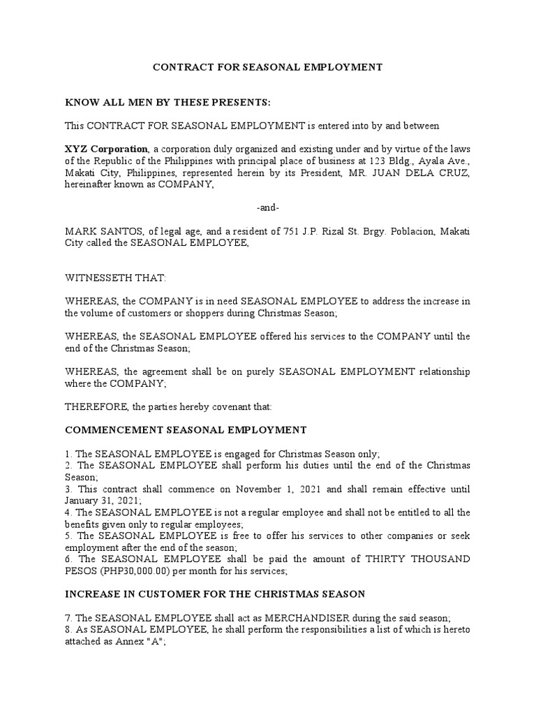 Seasonal Employment Contract PDF Employment Government