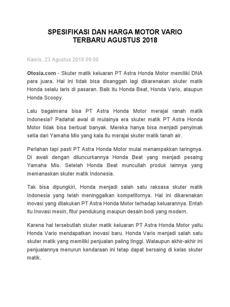 Spesifikasi Dan Harga Motor Vario Terbaru Agustus 2018 Pdf
