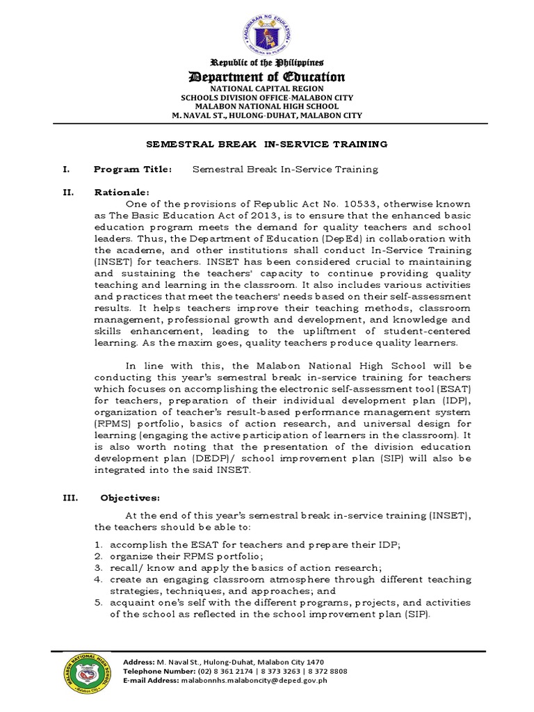 Semestral Break INSET for Teachers | PDF | Teaching Method | Learning