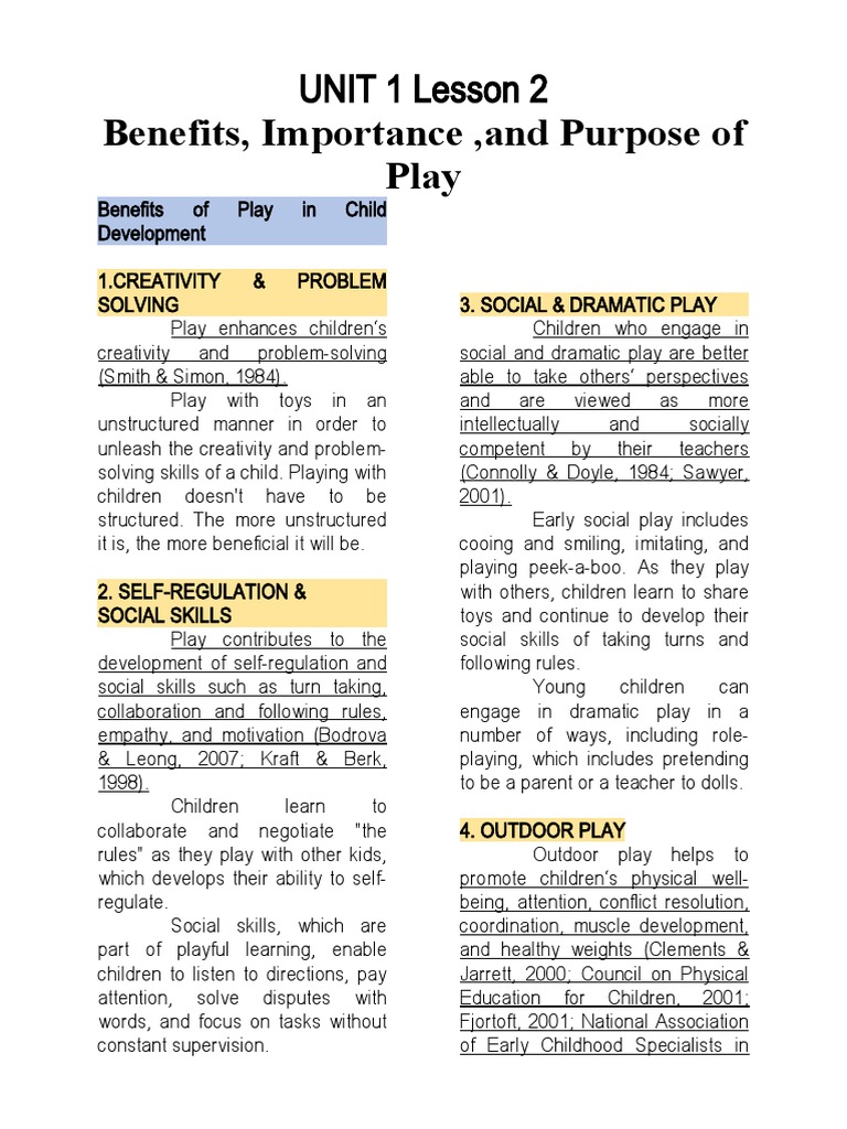 Benefits, Importance, and Purpose of Play ECE PDF Reading