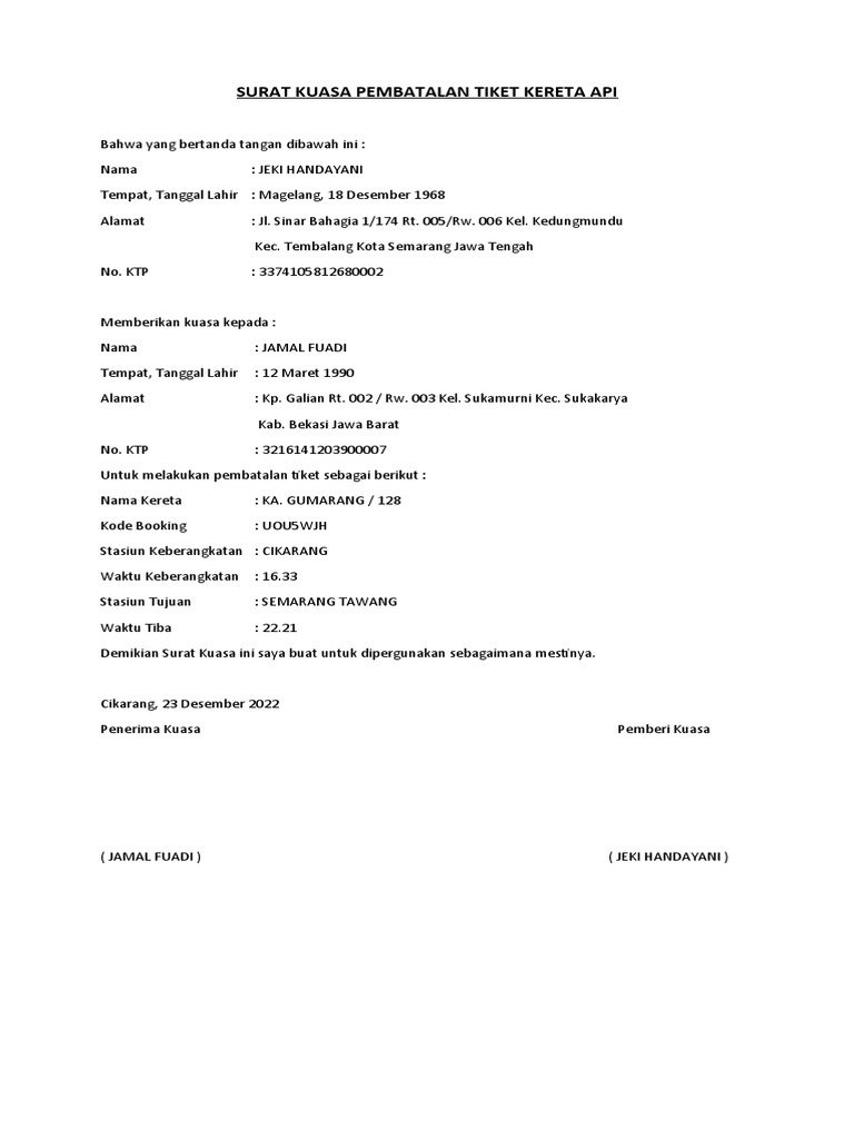 Contoh Surat Kuasa Pembatalan Ticket Kereta Api Doc B - vrogue.co