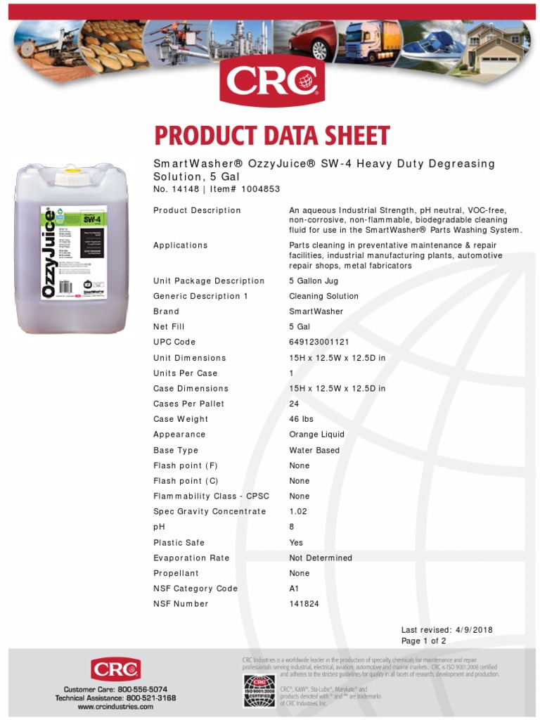 CRC SmartWasher OzzyJuice SW4 Heavy Duty Degreasing Solution Tds PDF