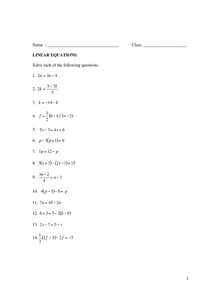 Linear Equations Practice Worksheet | PDF