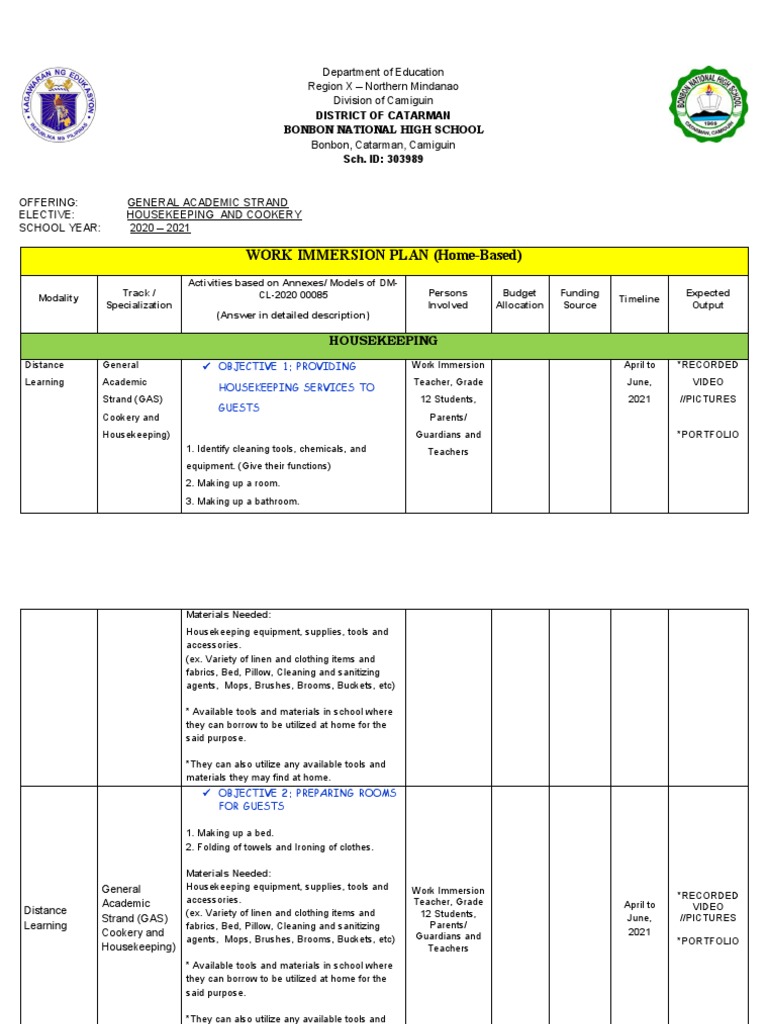 Implementation Plan SHS | PDF | Cooking | Housekeeping
