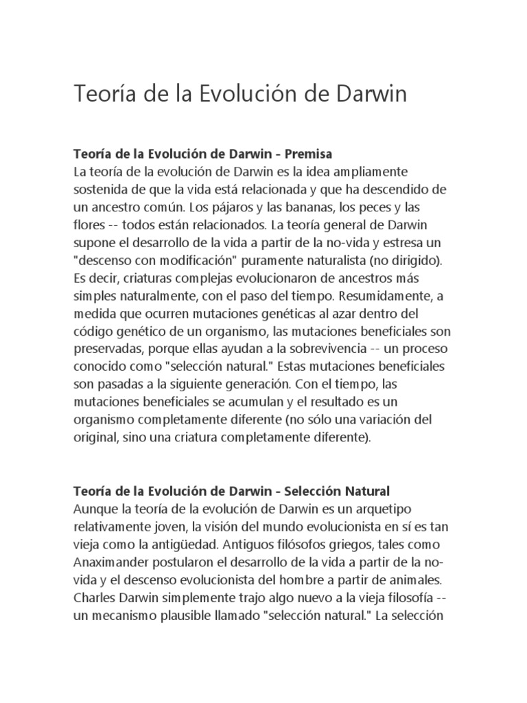 Teoría de la Evolución de Darwin | PDF | Evolución | Seleccion natural