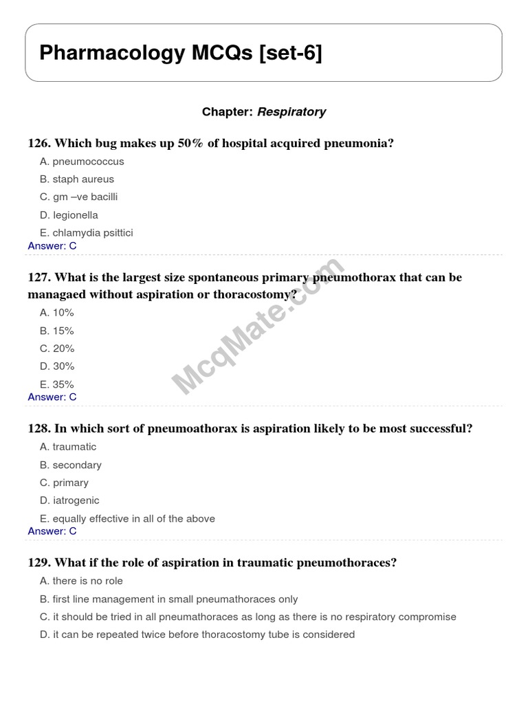 Respiratory Pharmacology MCQs Set 6 | PDF | Clinical Medicine | Medical ...