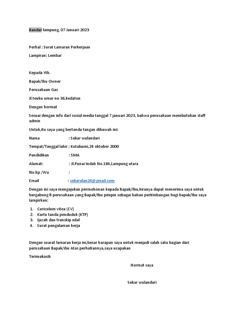 Surat Lamaran Kerja | PDF