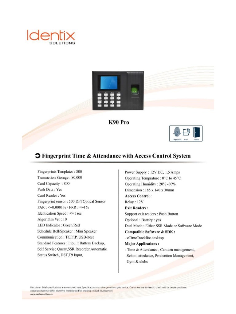 Essl k90 Pro Identix Access Controller | PDF