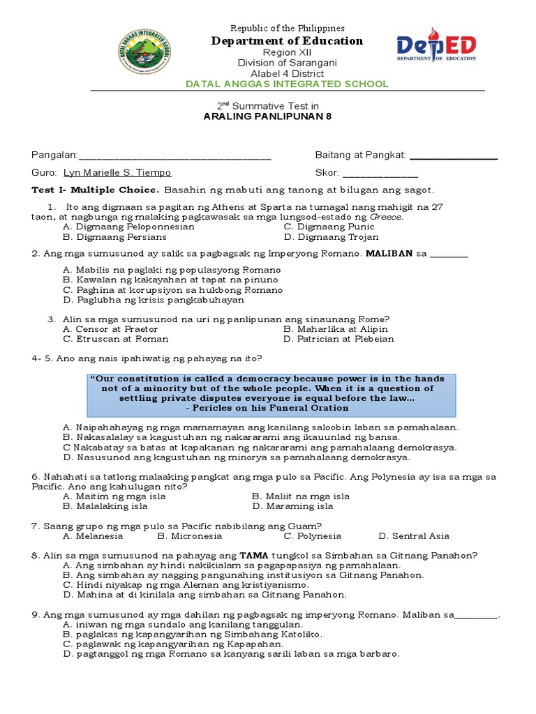 Grade 8-Summative Tes 2nd Quarter | PDF